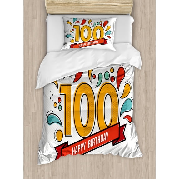 100th Birthday Duvet Cover Set Twin Size, Grannies Lived for Centuries 100 Birthday Party Growing Old Digital Image, Decorative 2 Piece Bedding Set with 1 Pillow Sham, Multicolor, by Ambesonne