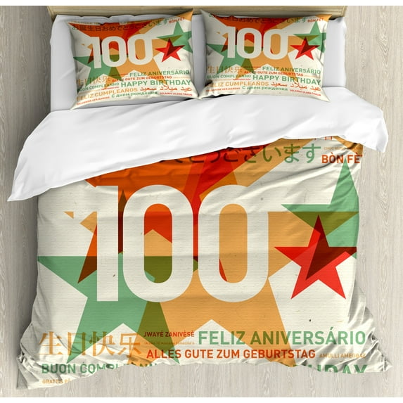 100th Birthday Duvet Cover Set, Birthday in World Languages on Abstract Backdrop Art, Decorative 3 Piece Bedding Set with 2 Pillow Shams, Calking Size, Pale Green and Vermilion, by Ambesonne