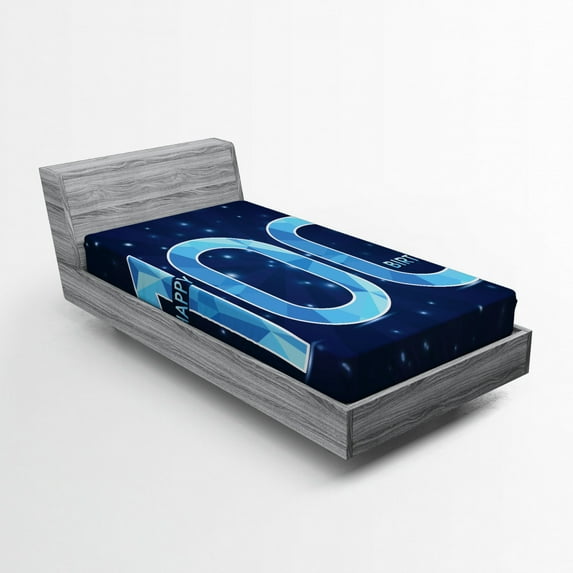 100th Birthday Fitted Sheet, Happy Birthday Old Grandparents Century Party Image Print, Soft Decorative Fabric Bedding, Twin Size, Sky Blue and Navy Blue, by Ambesonne