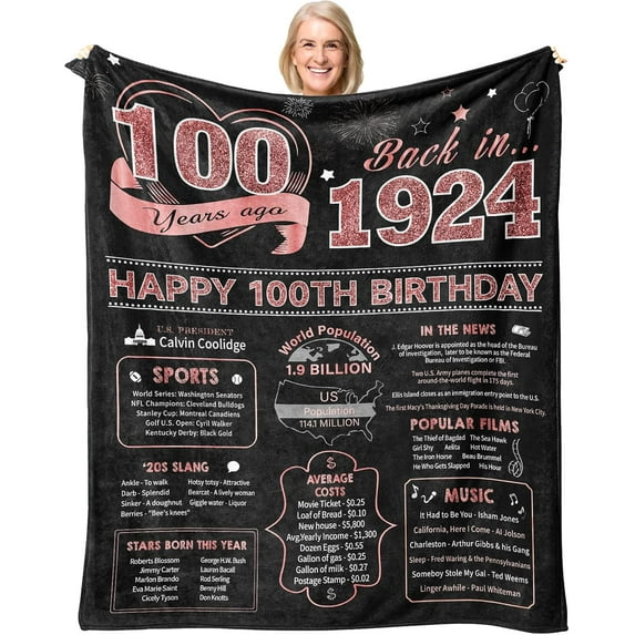 100th Birthday Gifts for Women, Gifts for 100 Year Old Woman, Gifts for 100th Birthday, 100th Birthday Decoration, Happy 100th Birthday Gift Ideas, Back in 1924 Bday Throw Blanket 50" X 60"