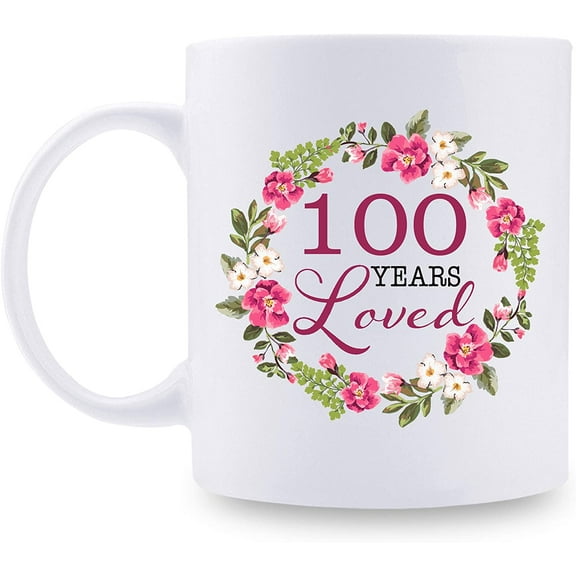 100th Birthday Gifts for Women - 100 Years Loved with A Garland Birthday Mug - 100 Year Old Present Ideas for Grandma, Mom, Daughter, Sister, Wife, Friend, Cousin, Aunt, Coworker - 11 oz Coffee Mug