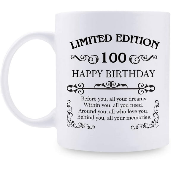 100th Birthday Gifts for Women Men - 11 oz Coffee Mug - 100 Year Old Present Ideas for Mom, Dad, Wife, Husband, Son, Daughter, Friend, Colleague, Coworker (100th Birthday Gift)