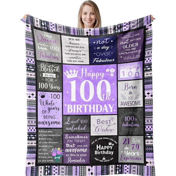 100th Birthday Gifts for Women Soft Purple Blanket 60"X50", Best Gifts for 100 Year Old Woman Decorations Party Supplies, Happy 100th Birthday Gift Ideas, 1925 Bday Present for Mom Grandma