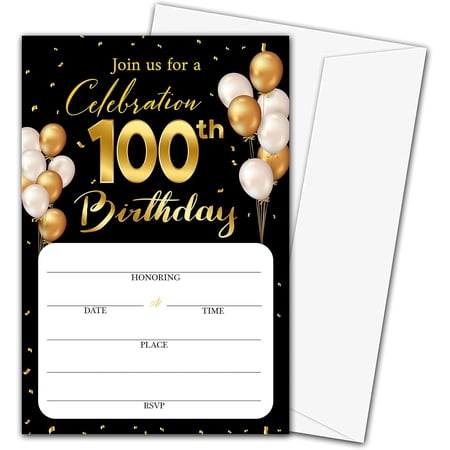 100th Birthday Invitation Cards with Envelopes - Classic Gold Theme Fill in The Blank Birthday Party Invite Cards, for Man, Woman Entertain Banquet Party Supplies, 20 Invites With Envelopes - B24