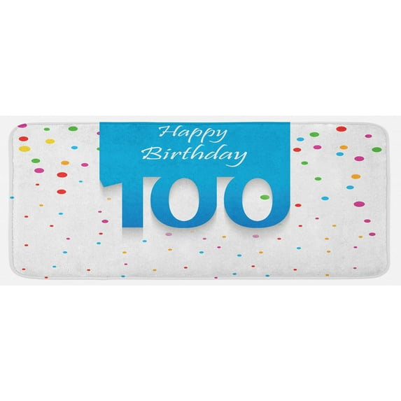 100th Birthday Kitchen Mat, Party Themed Wish for 100 Years Old Colorful Dots Happiness Image, Plush Decorative Kitchen Mat with Non Slip Backing, 47" X 19", Multicolor, by Ambesonne