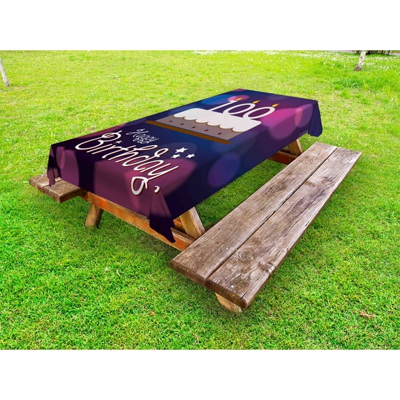 100th Birthday Outdoor Tablecloth, Cartoon Print Cake and Candles on Abstract Backdrop Image Artwork Print, Decorative Washable Fabric Picnic Tablecloth, 58 X 104 Inches, Purple and Pink, by Ambesonne