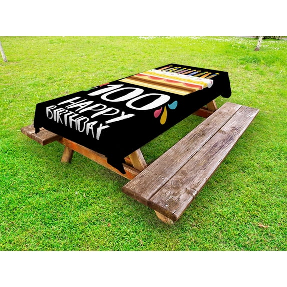100th Birthday Outdoor Tablecloth, Old Legacy 100 Birthday Party Cake Candles on Black Major Milestone Backdrop, Decorative Washable Fabric Picnic Tablecloth, 58 X 120 Inches, Multicolor, by Ambesonne