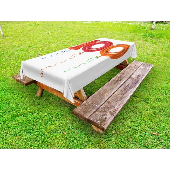 100th Birthday Outdoor Tablecloth, Party for Hundred Years Olds Flying Balloons Artwork Print, Decorative Washable Fabric Picnic Tablecloth, 58 X 104 Inches, Red Orange and Hot Pink, by Ambesonne