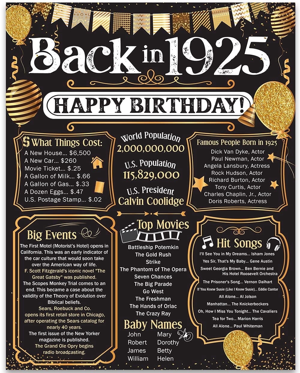 101st Birthday Decorations Remembering The Year 1925 Poster Gift for ...