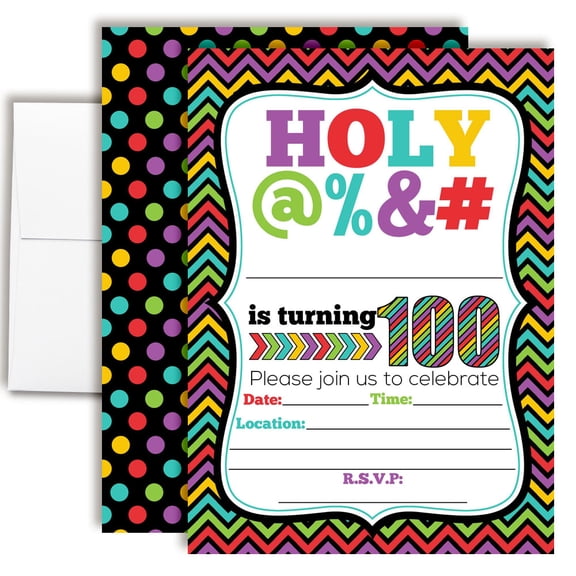 100th Birthday Party Invitations Funny Adult Milestone HOLY @%&# Design, Fill-In Cards with Envelopes, 5x7 Size, Set of 20