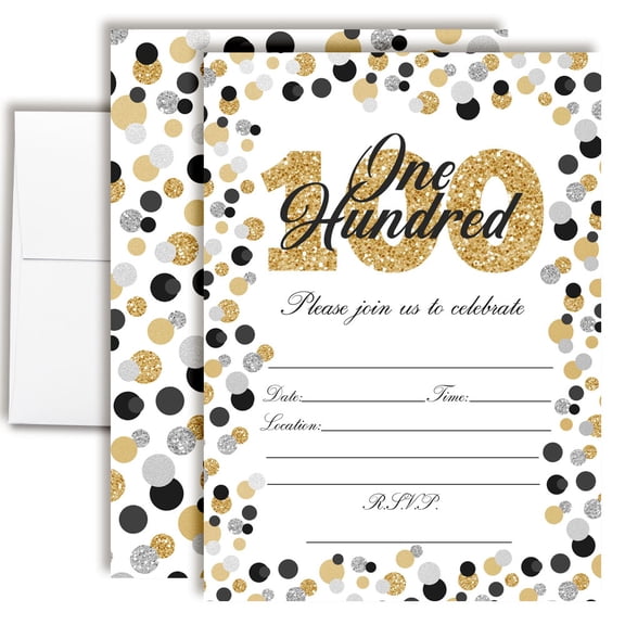 100th Birthday Party Invitations Gold & Silver Confetti Design, Fill-In Cards with Envelopes, 5x7 Size, Set of 20