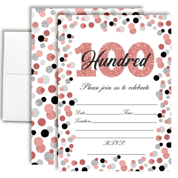 100th Birthday Party Invitations Rose Gold & Silver Confetti Design, Fill-In Cards with Envelopes, 5x7 Size, Set of 20