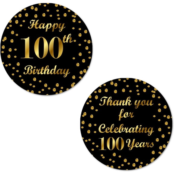 100th Birthday Round 2 Inch Big Glossy Stickers, Thank You for Celebrating 100 Years Black and Gold Labels, Great for Party Favors, Decorations, Tags, Gift Bags and Supplies