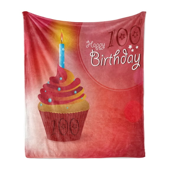 100th Birthday Soft Flannel Fleece Blanket, 100 Years Party Cupcake with Candle Abstract Vivid Colored Backdrop, Cozy Plush for Indoor and Outdoor Use, 70" x 90", Pink Red and Orange, by Ambesonne