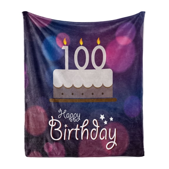 100th Birthday Soft Flannel Fleece Blanket, Cartoon Print Cake and Candles on Abstract Backdrop Image Artwork Print, Cozy Plush for Indoor and Outdoor Use, 60" x 80", Purple and Pink, by Ambesonne