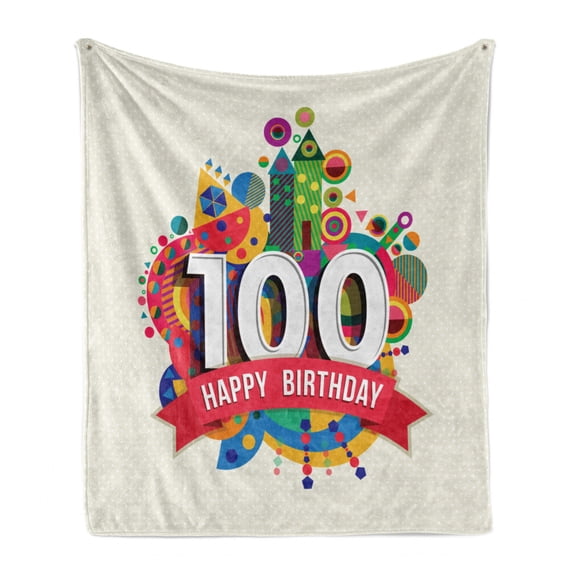 100th Birthday Soft Flannel Fleece Throw Blanket, Geometrical Abstract Digital Print with Shapes Castle Boat Birthday Party, Cozy Plush for Indoor and Outdoor Use, 50" x 60", Multicolor, by Ambesonne