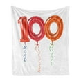 thumbnail image 1 of 100th Birthday Soft Flannel Fleece Throw Blanket, Party for Hundred Years Olds Flying Balloons Artwork Print, Cozy Plush for Indoor and Outdoor Use, 50" x 60", Red Orange and Hot Pink, by Ambesonne, 1 of 6