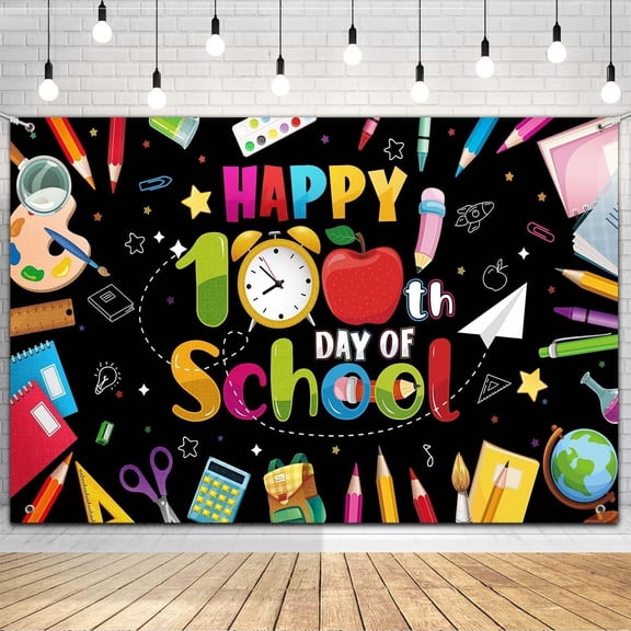 100th Day of School Backdrop Decoration Happy 100th Day of School Banner Black Photography Background Props Photo for Kindergarten Preschool Primary School Party Supplies