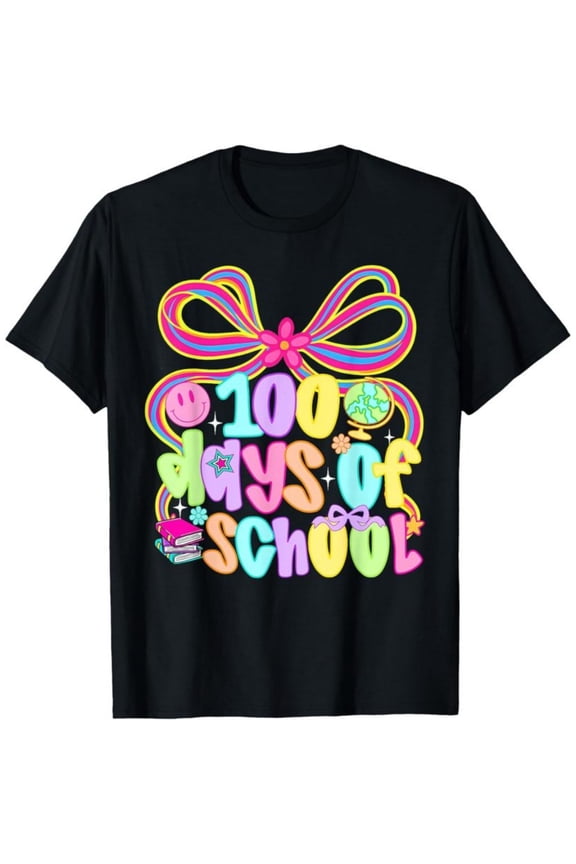 100th Day of School 100 Days Coquette Bow Girl Women T-Shirt, Back To School T-Shirt for Kids, Black, 180gsm, 100% Cotton