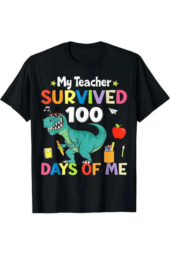 100th Day of School My Teacher Survived 100 Days Boys Dino T-Shirt