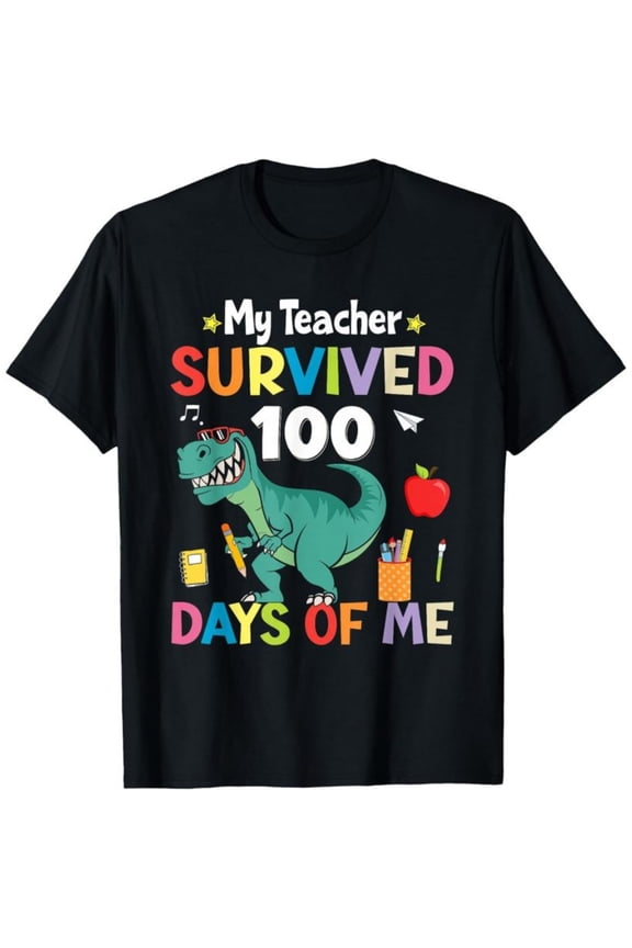 100th Day of School My Teacher Survived 100 Days Boys Dinosaur T-Shirt, Back To School T-Shirt for Kids, Black, 180gsm, 100% Cotton