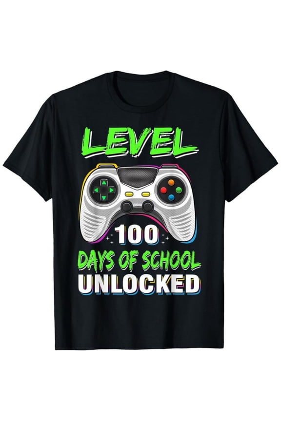 100th Day of School Shirt Kids Video Games Boy Gift Gamer T-Shirt, Back To School T-Shirt for Kids, Black, 180gsm, 100% Cotton
