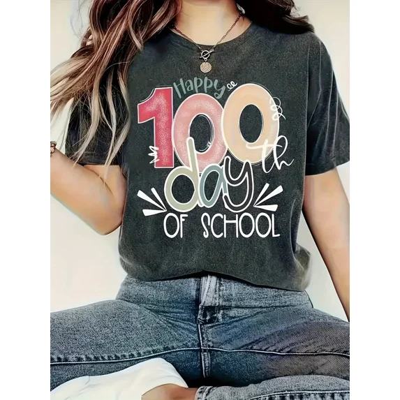 100th Day of School Teacher Women Casual Short Sleeve Graphic T-Shirt