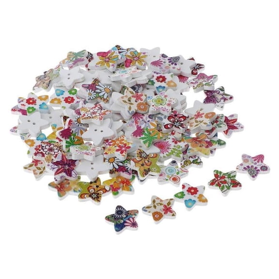 100x Colorful Buttons With 2 Sewing Souvenir Holes For Crafts, Cards (Star) 18 Mm