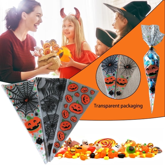 100x Halloween Candy Cone Bag Clear Plastic Pouch for Party Favor Snack Packaging Multicolor
