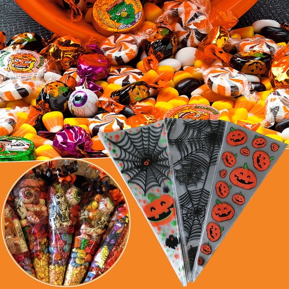 100x Halloween Candy Cone Bag Clear Plastic Pouch for Party Favor Snack Packaging Multicolor