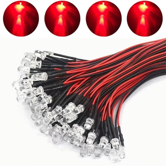 100x Red LED Light Single Bulb Pre-Wire 5V-12V 5mm Bright Round top Tip Clear