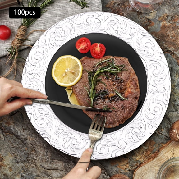 100x Silver 13" Round With Embossed Rim Charger Plates PP Wedding Dinner Light 12.99*0.79in for Birthday Parties, Holidays, Banquets