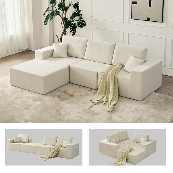 101" 3 Seater Corduroy Sectional Sofa with Chaise, L-Shaped Modular Couch for Living Room, No Assembly,Beige