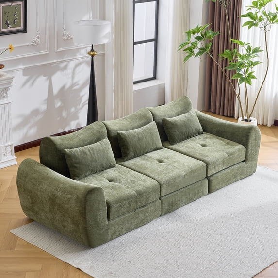 101.5" Modular Sectional Sofa,Chenille Cloud Sofa Couch Convertible Folding Sofa Bed for Living Room,Bedroom,Apartment,Green
