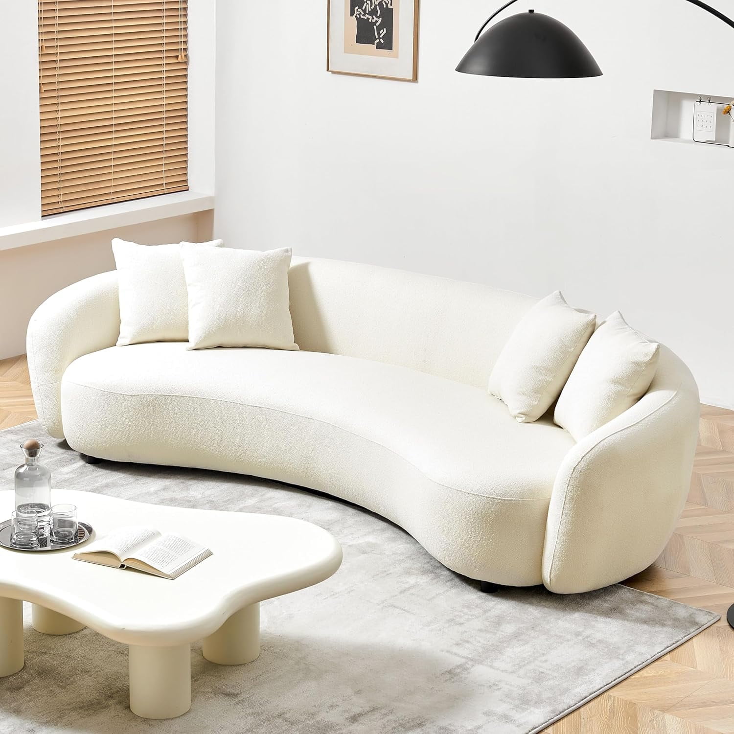Mid-Century Modern White Teddy Fabric Curved Sofa with Pillows