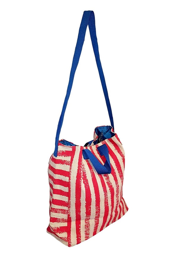 - 2 IN 1 Cross-Over Large Tote Bag - Custom Embroidery Red Stripe - Blue Trim