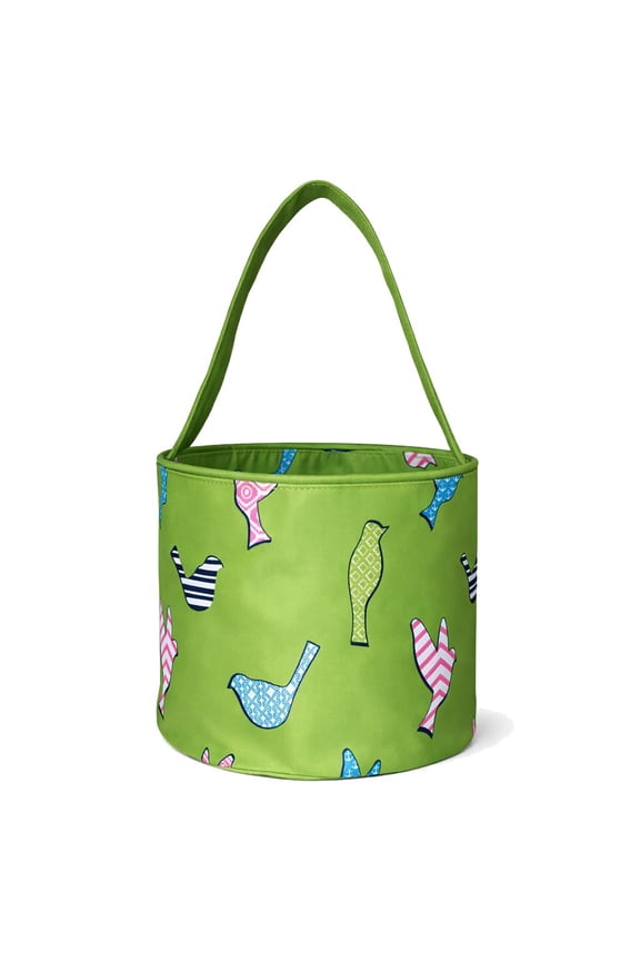 Fun Print Easter Basket Bucket Tote Bag Polyester Canvas Green Bird