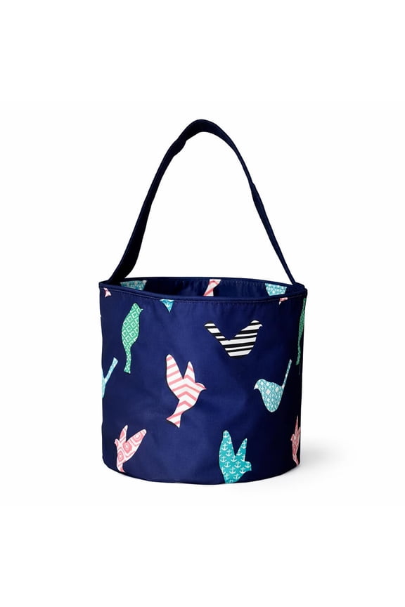 Fun Print Easter Basket Bucket Tote Bag Polyester Canvas Navy Bird