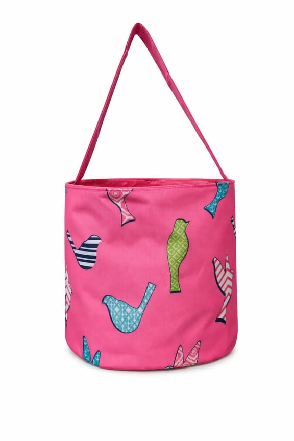 Fun Print Easter Basket Bucket Tote Bag Polyester Canvas Pink Bird