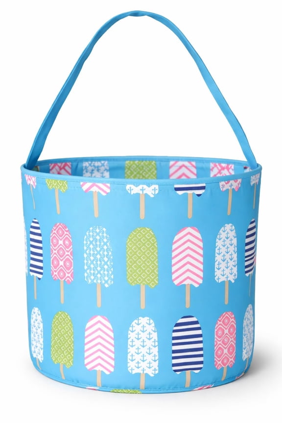 101 BEACH Fun Print Easter Basket Bucket Tote Bag Polyester Canvas Turquoise Ice Cream