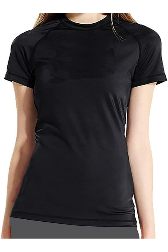 Junior Girls Ladies Women's Solid Short Sleeve Rash Guard Water Shirt UV Protection 50+ Black Medium