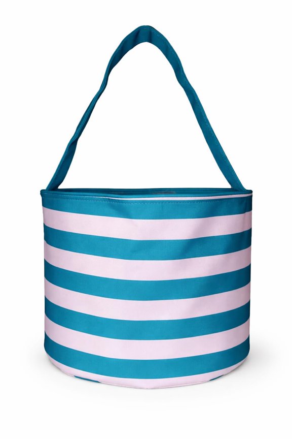 Turquoise Stripe Fun Print Easter Basket Bucket Tote Bag Polyester Canvas