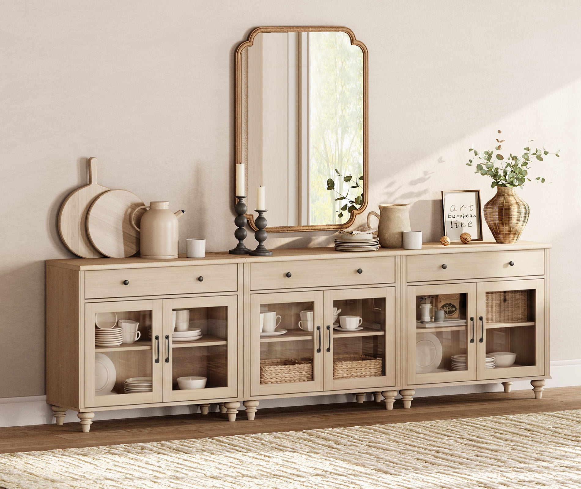 101" Beige Glass Door Buffet Cabinet with Drawer, Farmhouse Sideboard with Storage