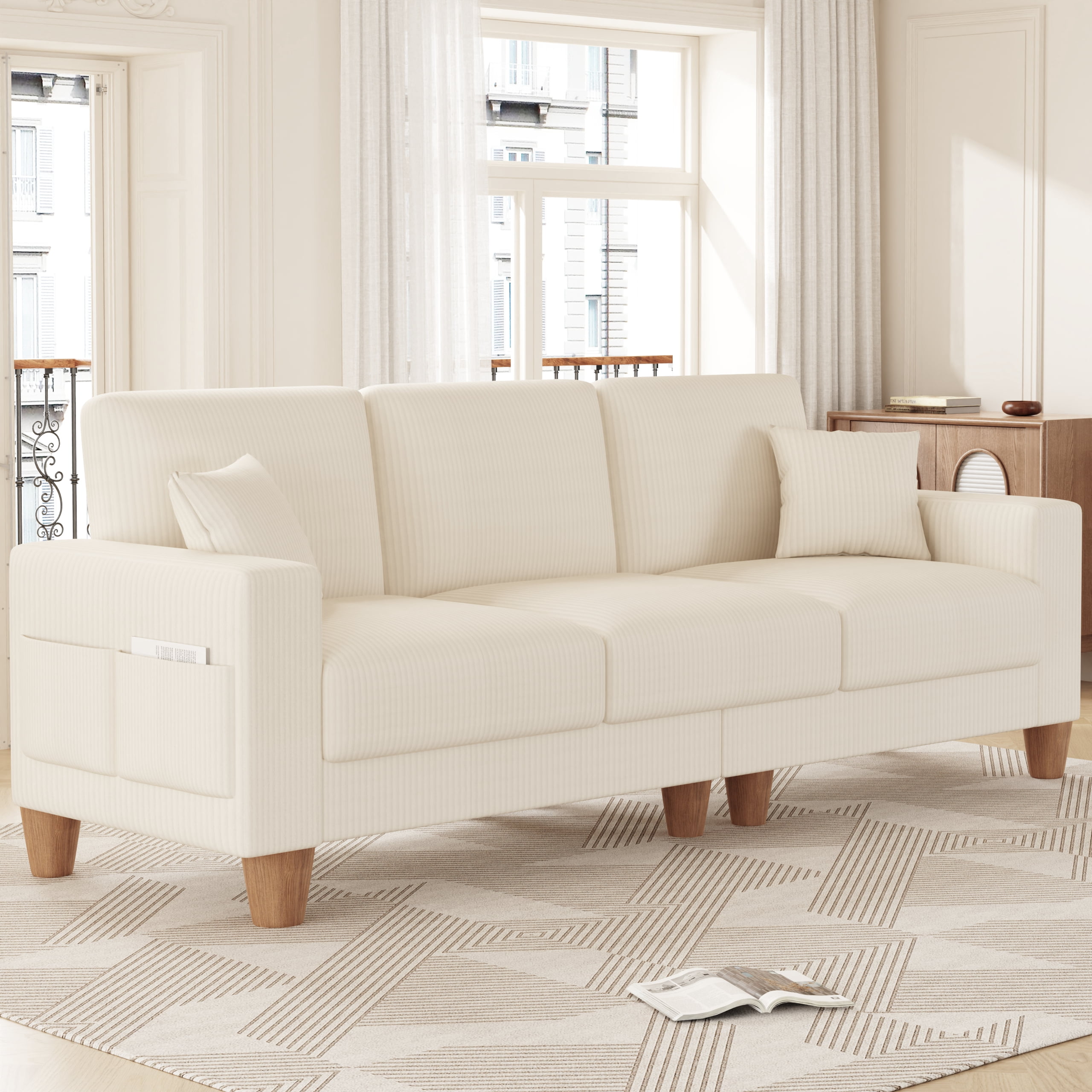 3 Seater Sofa for Living Room, AAQZ 101" Comfy Corduroy Couch, Solid Wood Leg, 2 Pillows, Beige