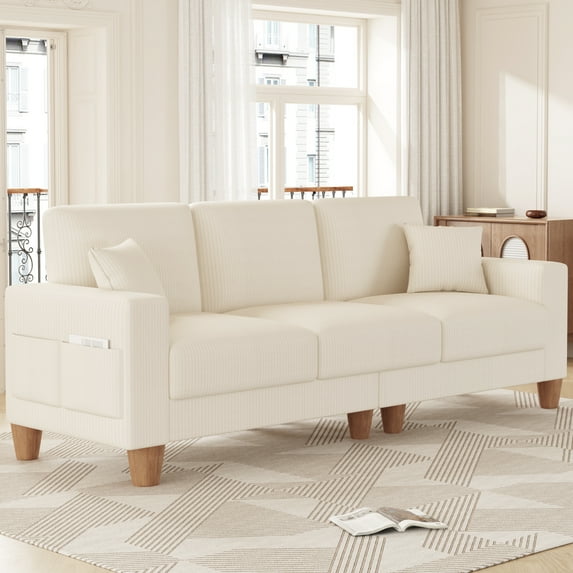 AAQZ 101" Corduroy Sofa Couch for Living Room, 3 Seater Deep Seat Comfy Couch in a Box, 2 Cushions, 2 Pillows Tool-Free Setup,Beige
