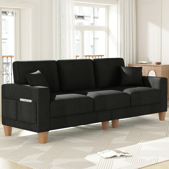 AAQZ 101" Corduroy Sofa Couch for Living Room, 3 Seater Deep Seat Comfy Couch in a Box, 2 Cushions, 2 Pillows Tool-Free Setup,Black