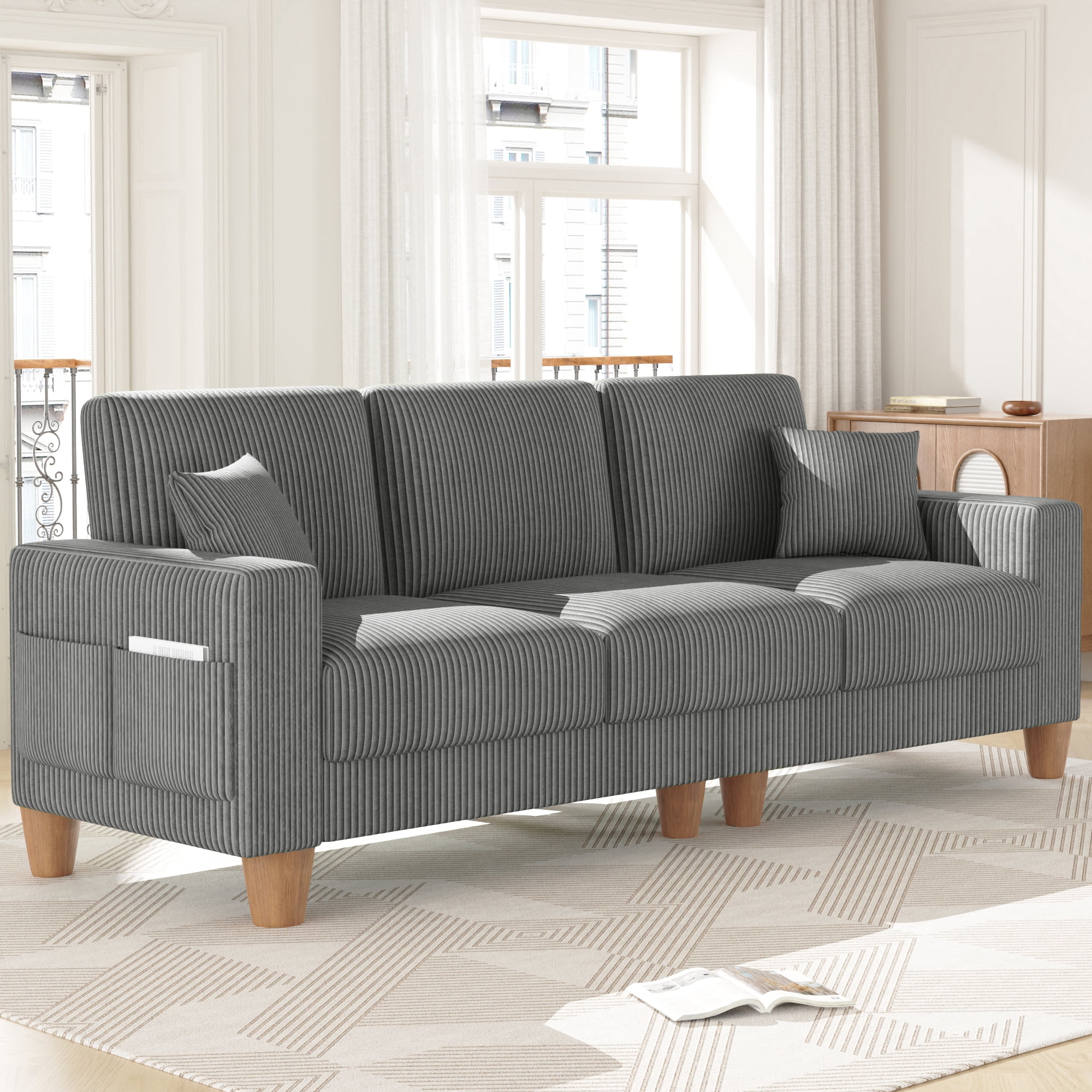 AAQZ 101" Corduroy Sofa Couch for Living Room, 3 Seater Deep Seat Comfy Couch in a Box, 2 Cushions, 2 Pillows Tool-Free Setup,Gray
