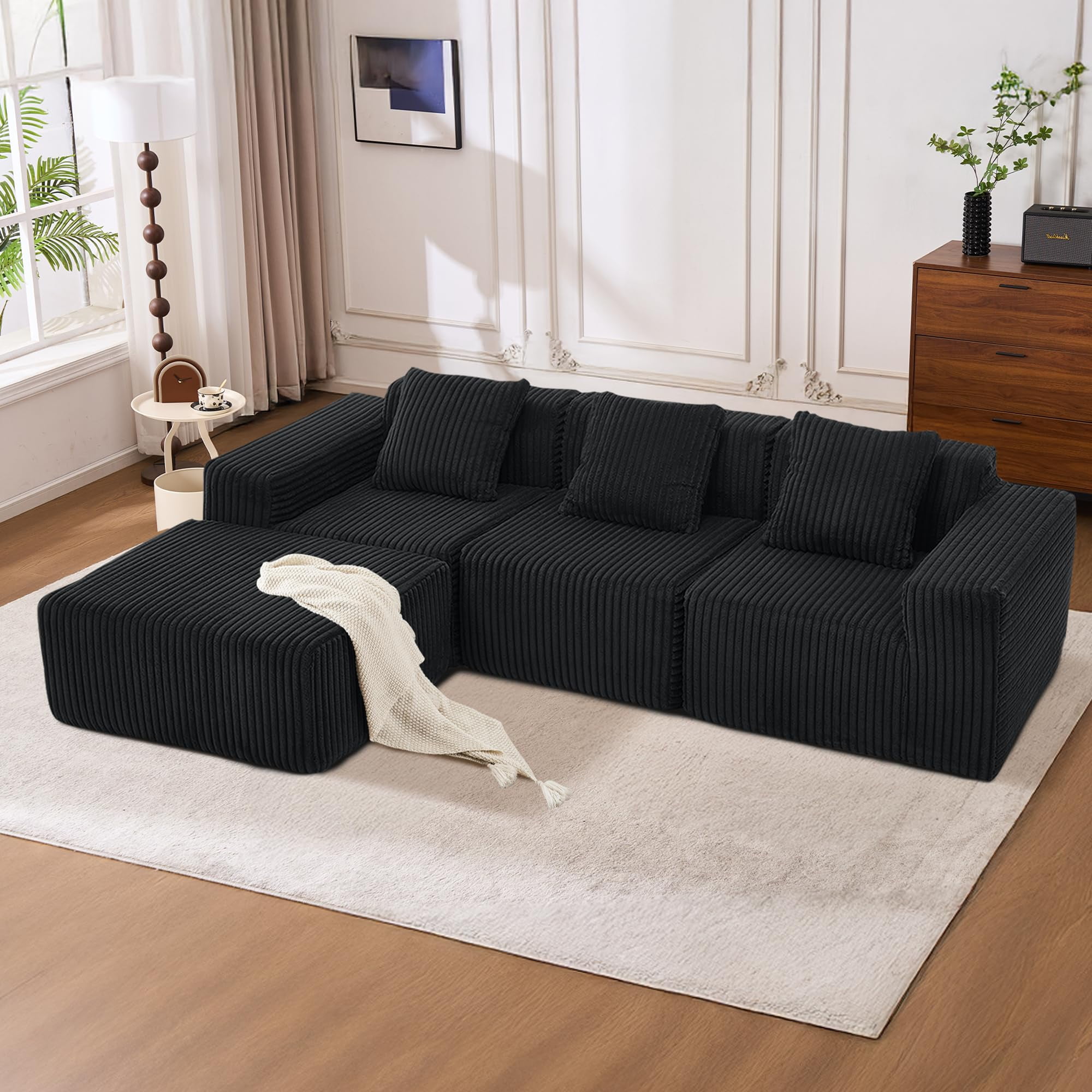 101" Boneless Memory Foam Sectional Sofa, Corduroy Could Modular Sectional Couch, Comfy L Shaped Compression Couches with Chaise for Living Room, No Assembly Required (Black, 101in)