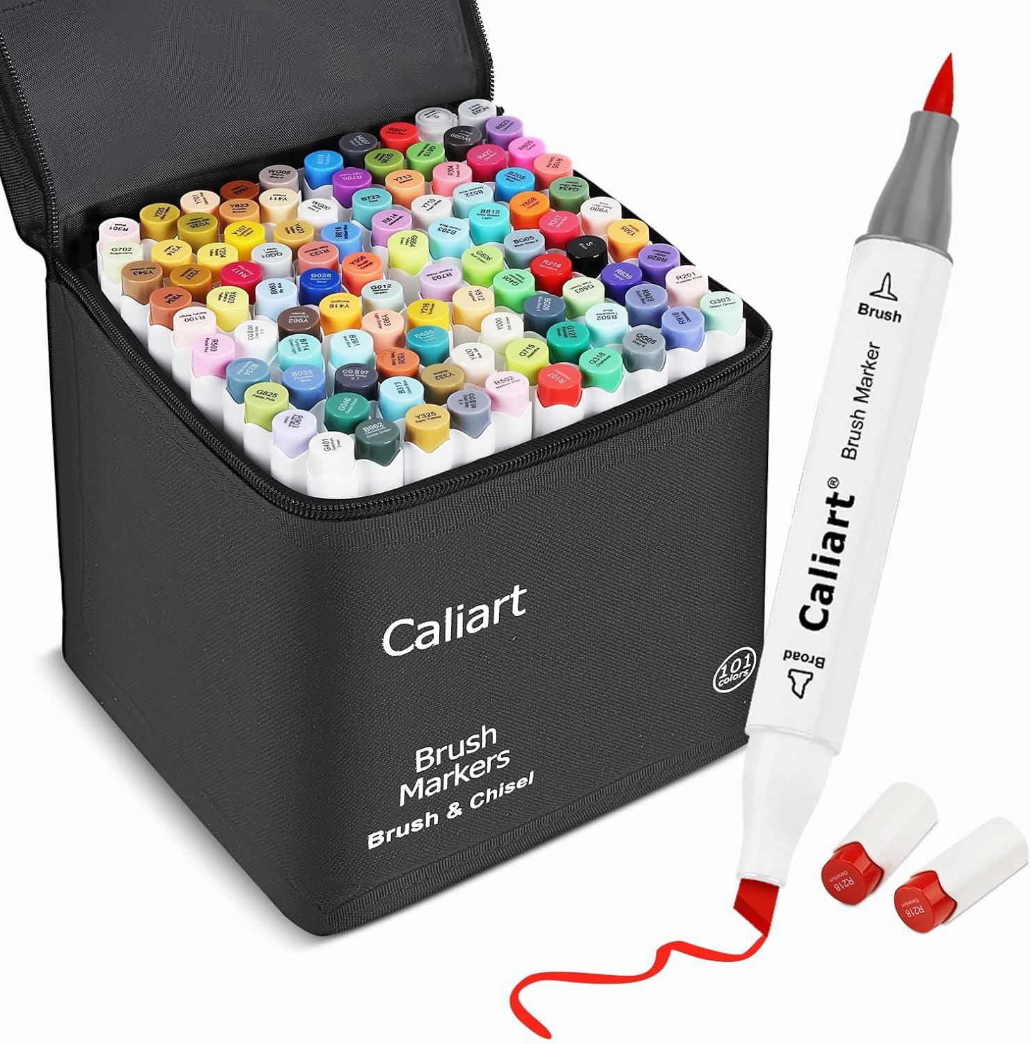 101 Colors Alcohol Markers Brush Tip, Dual Tip Brush & Chisel Permanent Art Markers for Adult Coloring Books, Drawing, Sketching, Illustration, with Carrying Case for Artists & Beginners
