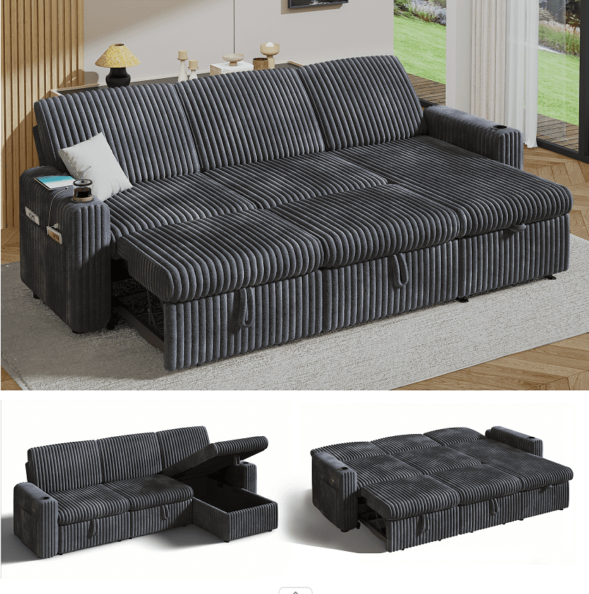 101” Detachable Mattress Sleeper Sofa with Pull-Out Mattress - L-Shaped Design, Adjustable Backrest + Reversible Storage Chaise, USB Ports/Cup Holders, Quick Assembly, Soft Gray Corduroy